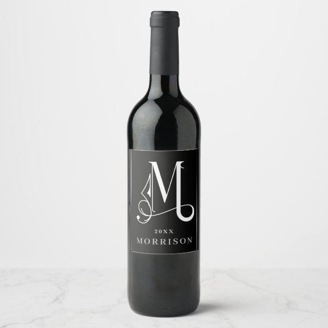 Classic Black & White Beautiful Monogram M Custom Weinetikett (Vorderseite)
