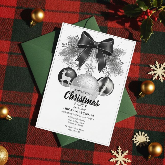 Classic Black White Christmas Party Invite Einladung (Vintage Christmas Party, Timeless Holiday Celebration, Elegant Bow Invitation)