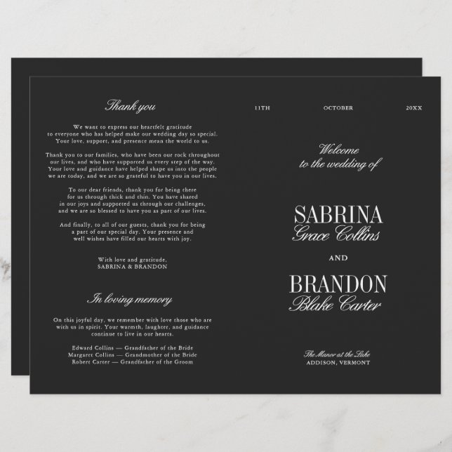 Classic Black & White Modern Wedding Program (Vorne/Hinten)