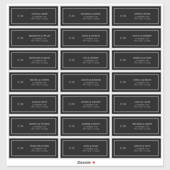 Classic Black & White Monogram Guest Address Aufkleber (Blatt)