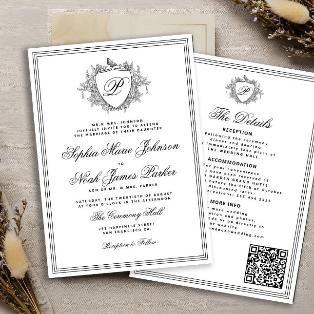 Classic black white QR formal monogram wedding  Einladung (Von Creator hochgeladen)