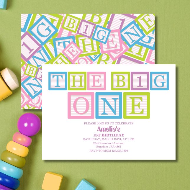 Classic Blocks Theme Simple First Birthday Invitat Einladung (Von Creator hochgeladen)