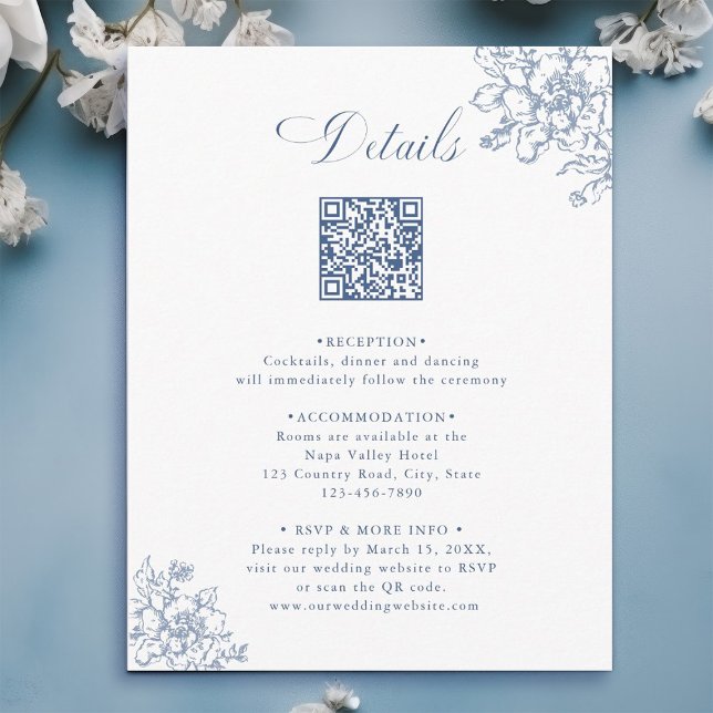 Classic Bloom Garden Dusty Blue Wedding Details Begleitkarte (Von Creator hochgeladen)