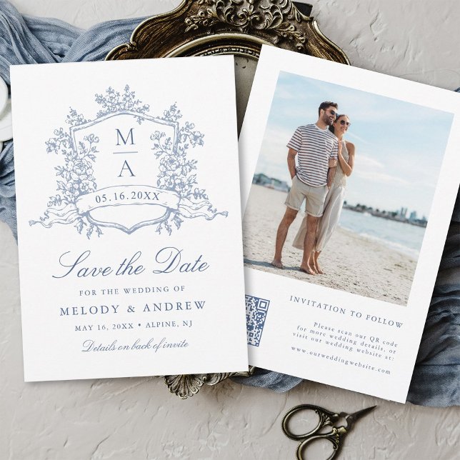 Classic Bloom Garden Dusty Blue Wedding Foto Save The Date (Front & Back)