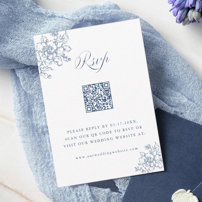 Classic Bloom Garden Dusty Blue Wedding QR Code RSVP Karte (Von Creator hochgeladen)