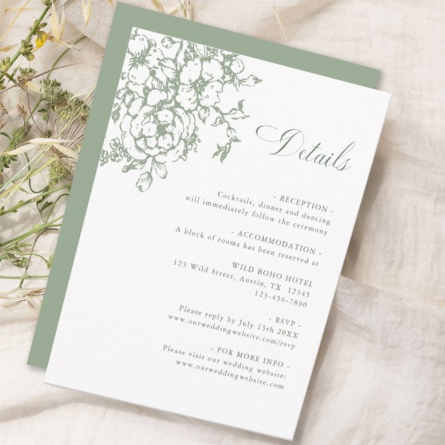 Classic Bloom Garden Sage Green Wedding Details Begleitkarte (Von Creator hochgeladen)