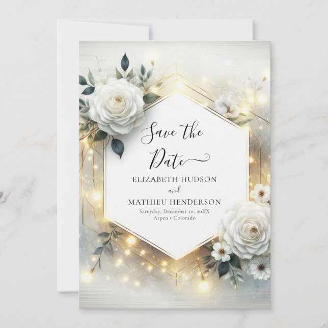 Classic Bloom White Roses Wedding Save The Date (Vorderseite)