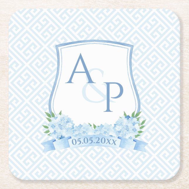 Classic Blue and White Hydrangea Wedding Wappen Rechteckiger Pappuntersetzer (Vorderseite)