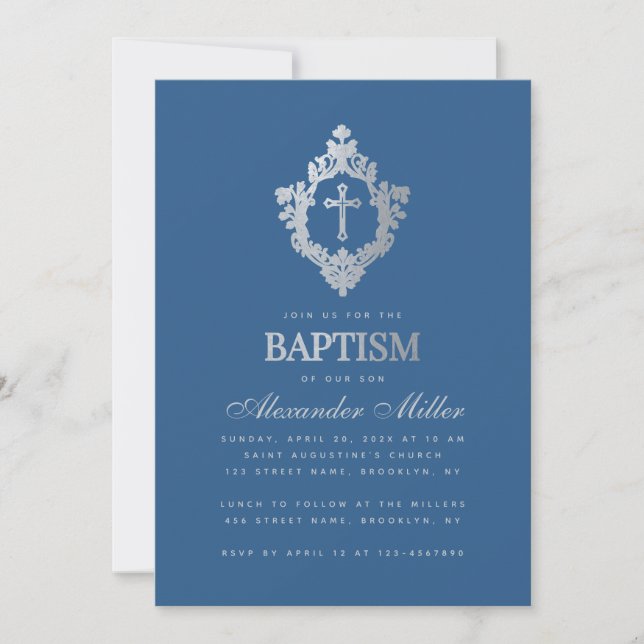 Classic Blue Baptism Junge Vintage Imitate Silver  Einladung (Vorderseite)