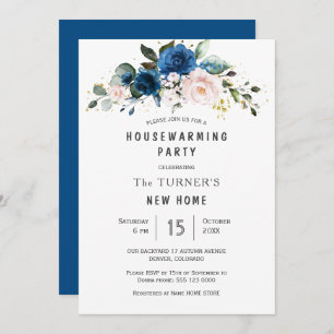 Classic Blue Blush Blue Floral Housewarming Party Einladung