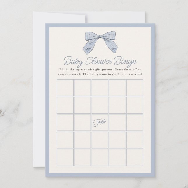 Classic Blue Bow Baby Shower Bingo Card Einladung (Vorderseite)