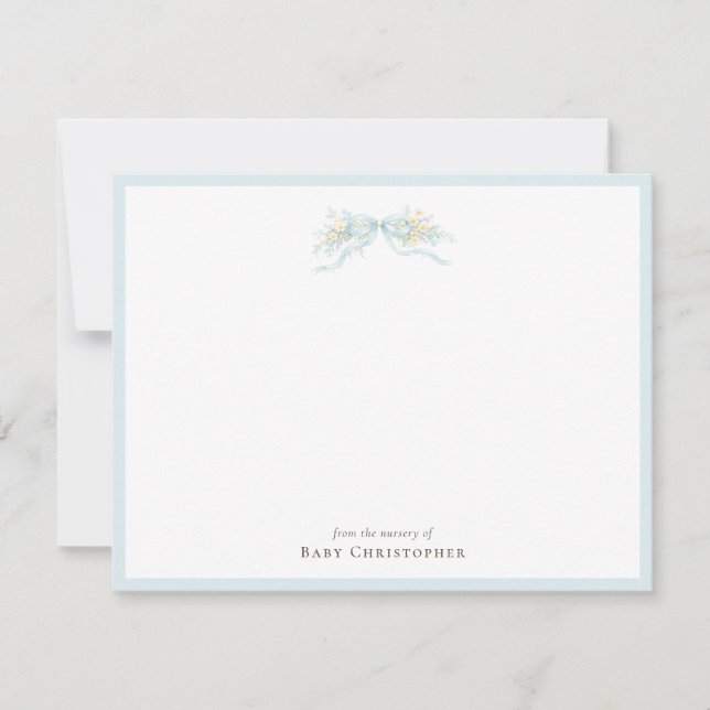 Classic Blue Bow Nursery Note Card – Personalized Mitteilungskarte (Vorderseite)
