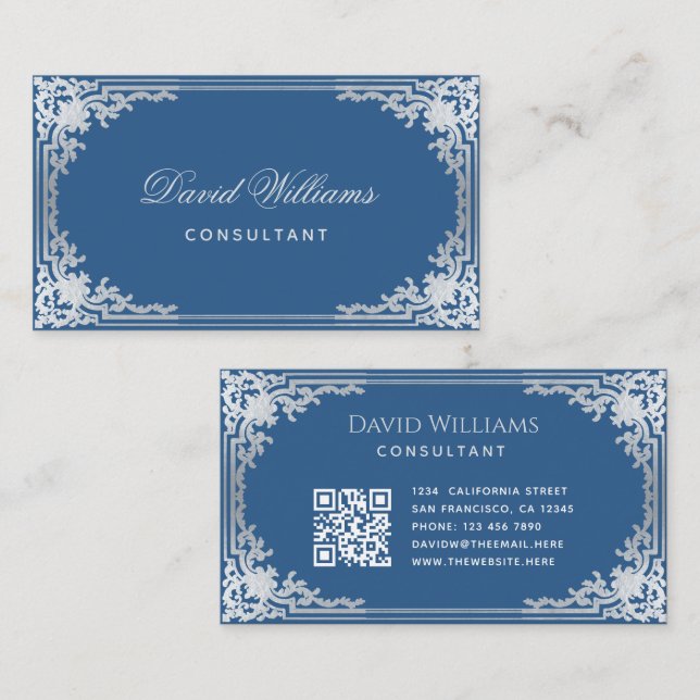 Classic Blue Elegant Vintager Verzierter Frame QR  Visitenkarte (Vorne/Hinten)