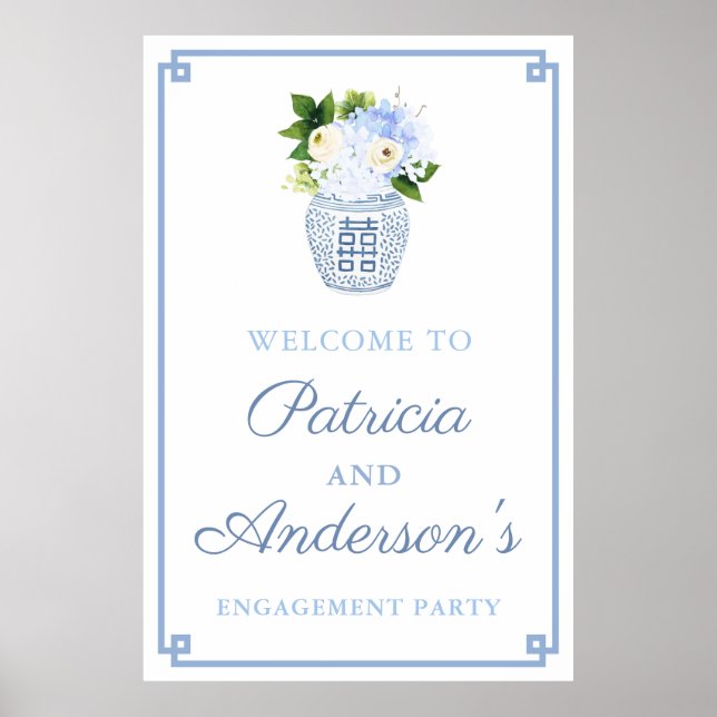 Classic Blue Floral Ginger Jar Engagement Party Poster (Vorne)