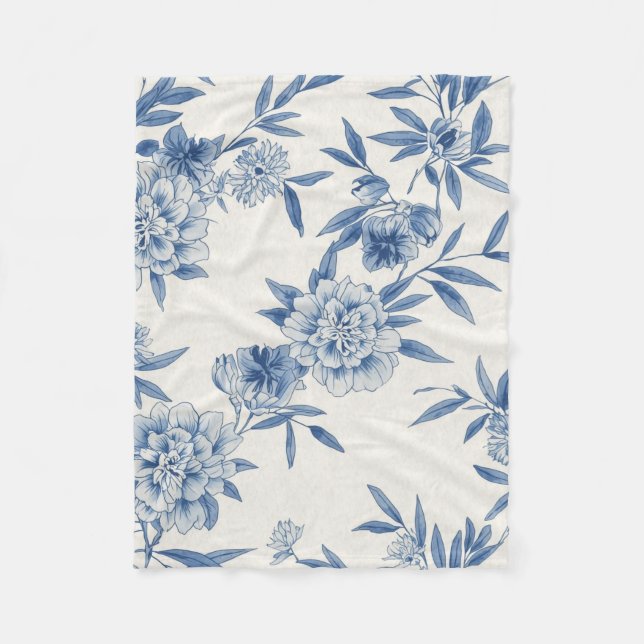 Classic Blue Floral Toile Watercolor Pattern White Fleecedecke (Vorderseite)