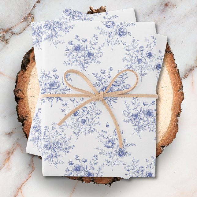 Classic Blue Flowers Pattern French blue toile Geschenkpapier Set (Close up)
