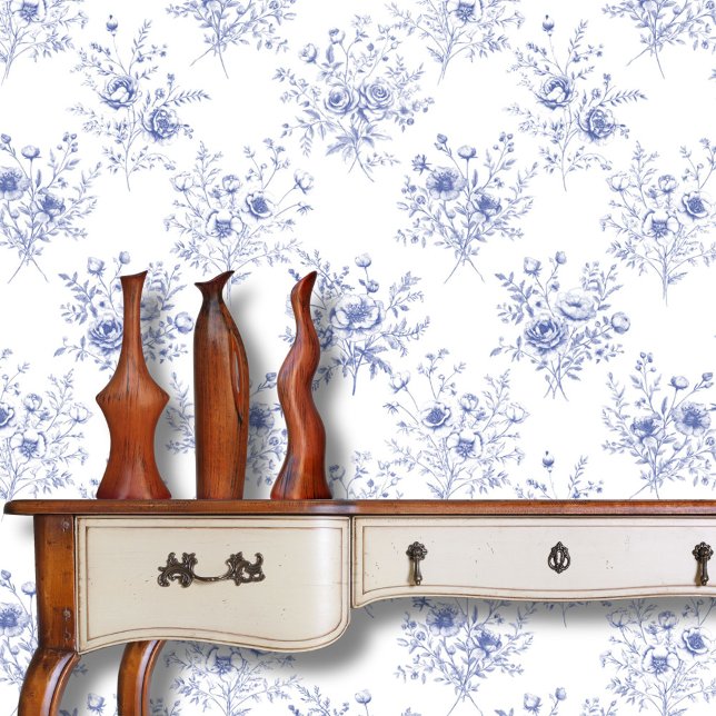 Classic Blue Flowers Pattern French blue toile  Tapete (In situ)