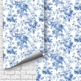 Classic Blue French Toile Roses Floral Wallpaper   Tapete