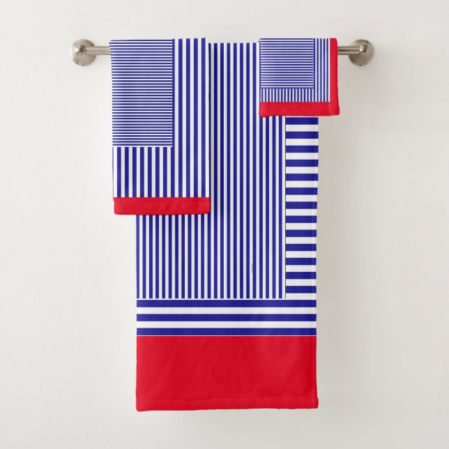 CLASSIC BLUE GEOMETRIC STRIPE RED TRIM BADHANDTUCH SET (Insitu)
