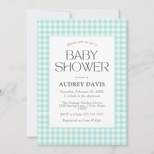 Classic Blue Gingham Boy Baby Shower Einladung (Vorderseite)