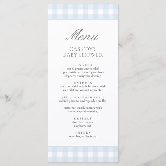 Classic Blue Gingham Boy Baby Shower Menükarte (Vorderseite)