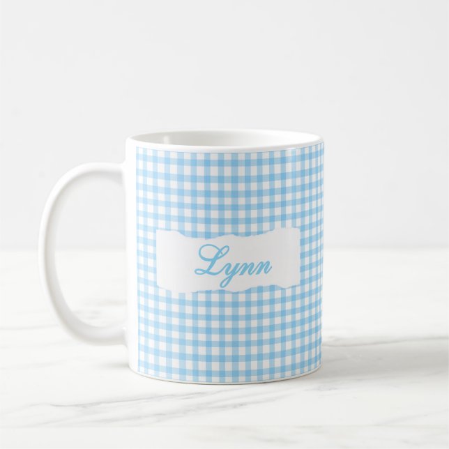 Classic Blue Gingham Personalized Name  Kaffeetasse (Links)