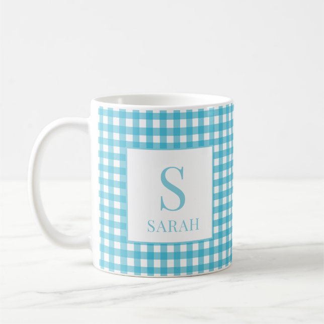 Classic Blue Gingham Plaid Monogram Name Kaffeetasse (Links)