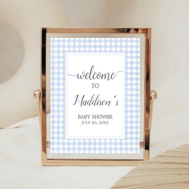 Classic Blue Gingham Willkommen Poster (Boy Gingham Baby Shower Welcome Sign)