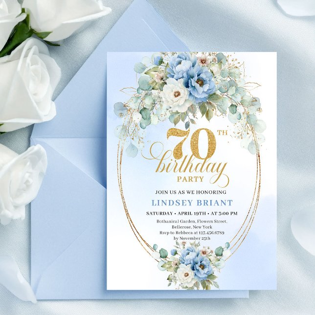 Classic Blue Gold Floral 70th Birthday Invitation  Einladung (Classic Blue Gold Floral 70th Birthday Invitation Set

)