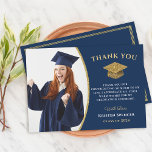Classic Blue Gold Graduate Foto Abschluss Dankeskarte<br><div class="desc">Classic Blue Gold Graduate Foto Abschluss Danke Karte</div>