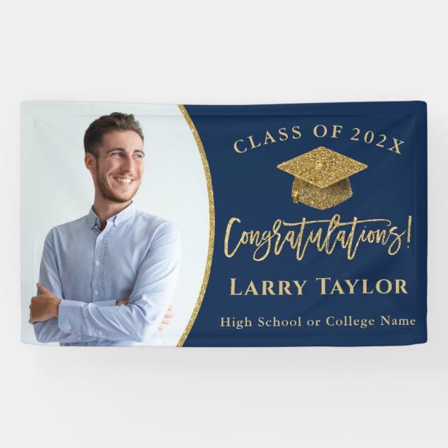 Classic Blue Gold Graduate Foto Graduate Party Banner (Horizontal)