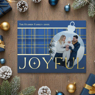 Classic Blue Gold Kariert Joyful Bulb Foto Folien Feiertagspostkarte