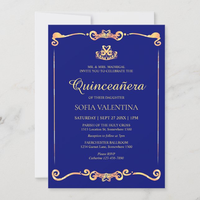 Classic Blue Gold Quinceanera Einladung (Vorderseite)