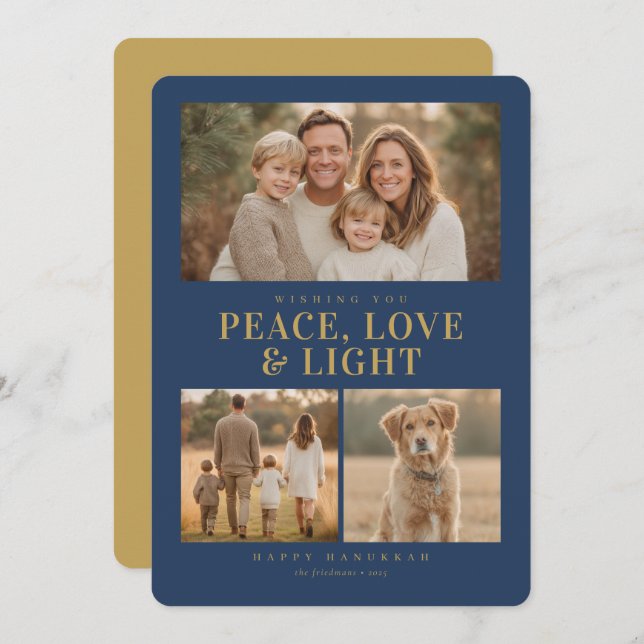 Classic Blue Hanukkah Peace & Light Photo Collage Feiertagskarte (Vorne/Hinten)