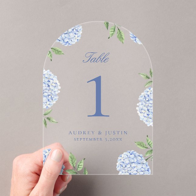 Classic Blue Hydrangea Flower Acrylic Table Number Acryleinladungen (Insitu (Handheld))