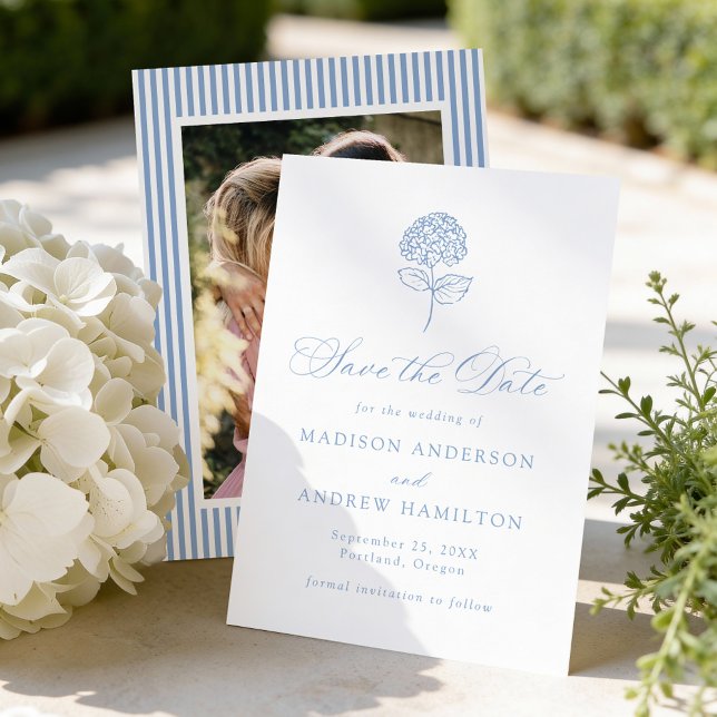 Classic Blue Hydrangea Photo Wedding Save The Date (Von Creator hochgeladen)