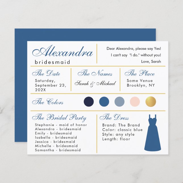 Classic Blue Imitate Gold Bridesmaid Information C (Vorne/Hinten)