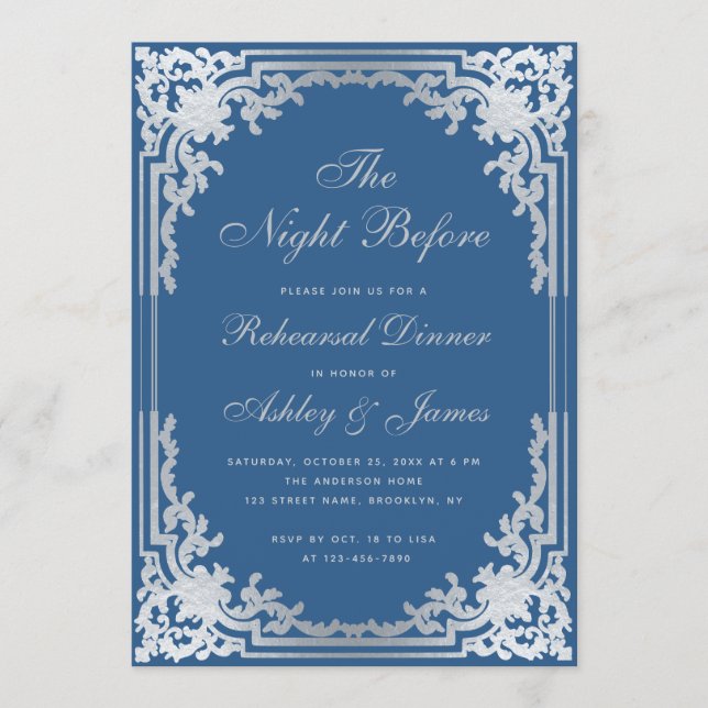 Classic Blue Imitate Silver Vintag Probe Dinner Einladung (Vorderseite)