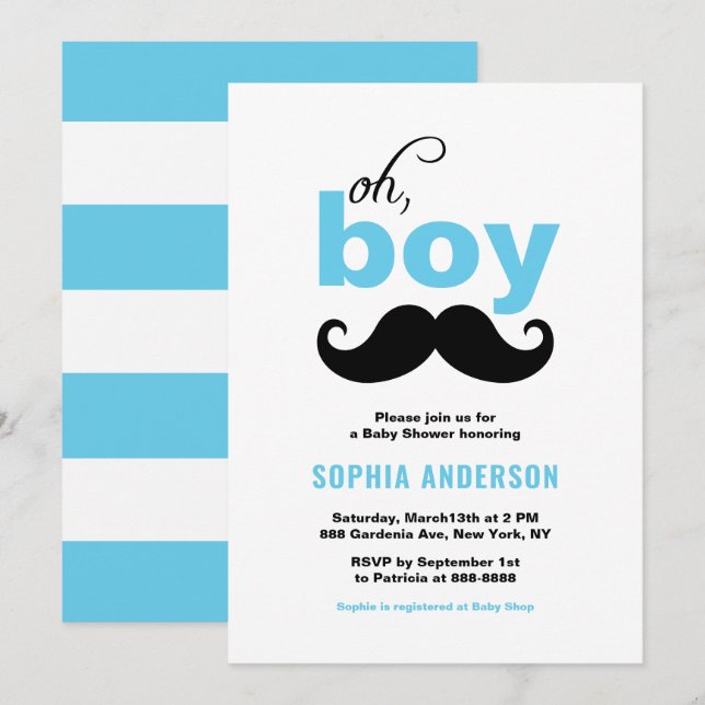 Classic Blue It's a Boy Mustache Baby Shower Einladung (Vorne/Hinten)