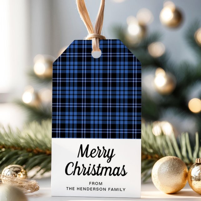 Classic Blue Kariert Frohe Weihnachten Geschenkanhänger (Blue Tartan Plaid Merry Christmas Gift Tags)
