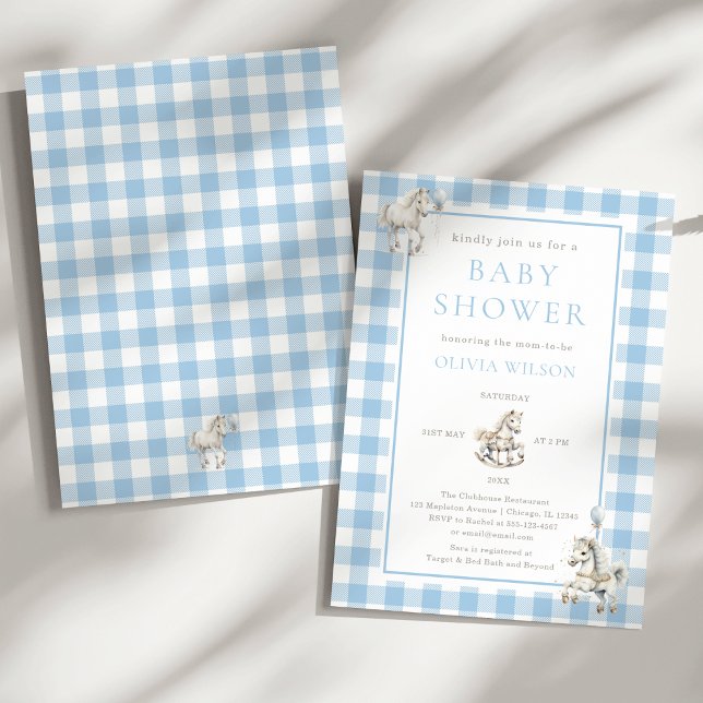 Classic Blue Kariert Rocking Horse Baby Boy Dusche Einladung (Classic Baby Boy Blue Plaid Watercolor Rocking Horse Baby Shower Invitation)