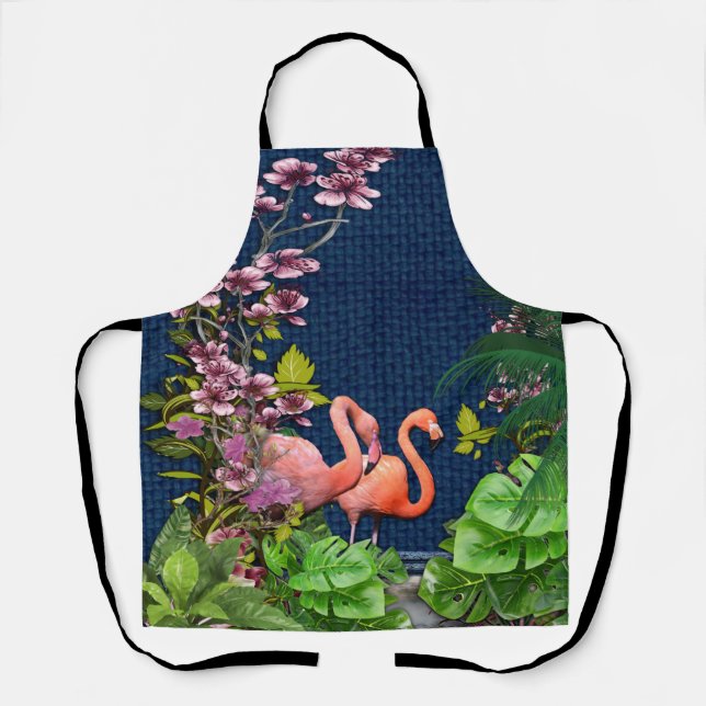 Classic Blue Pink Flamingos Green Blätter Schürze (Vorderseite)
