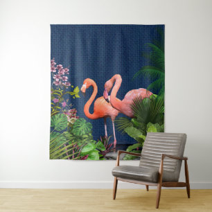 Classic Blue Pink Flamingos Green Blätter Wandteppich