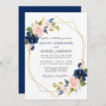 Classic Blue Pink Floral Geometric Gold Wedding