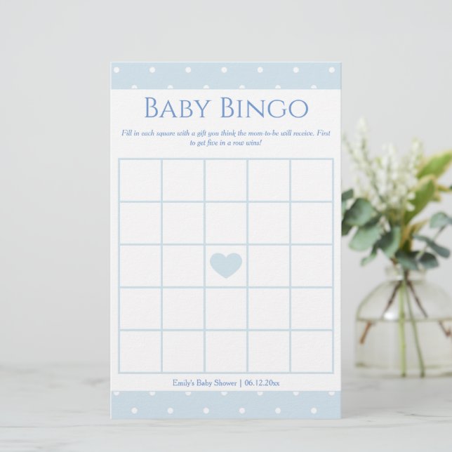 Classic Blue Polka Dots Boy Baby Shower Bingo Game (Stehend Vorderseite)