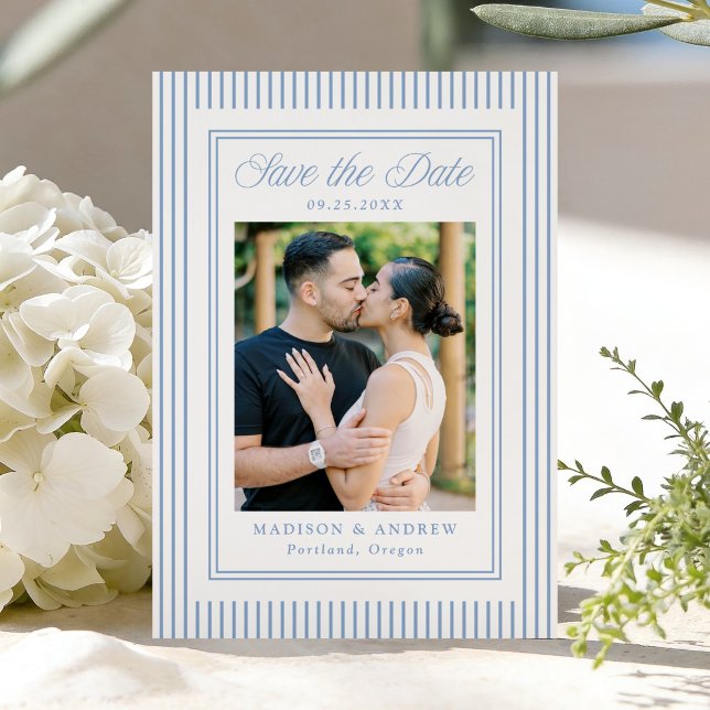 Classic Blue Stripes Photo Wedding Save The Date (Von Creator hochgeladen)