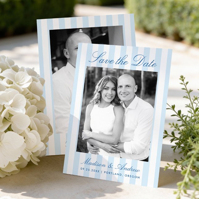 Classic Blue Stripes Photo Wedding Save The Date (Von Creator hochgeladen)