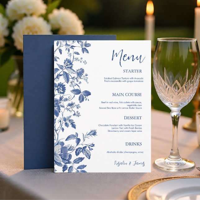 Classic Blue Toile Botanical Wedding Dinner Menükarte (Classic Blue Toile Botanical Wedding Dinner Menu)