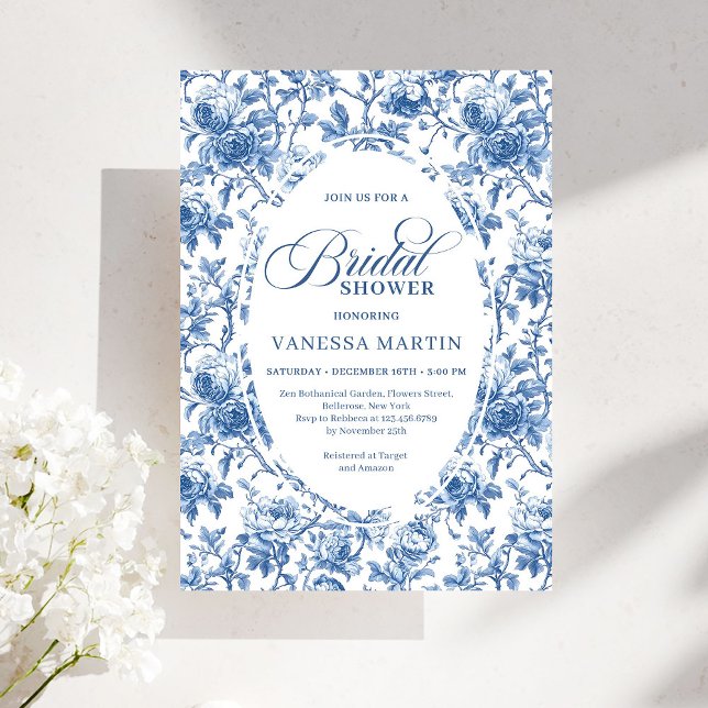 Classic Blue Toile de Jouy Floral Bridal Shower   Einladung (Classic Blue Toile de Jouy Floral Bridal Shower Invite)