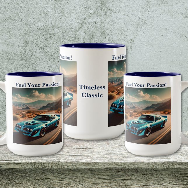 Classic Blue Trans Am Style Car Zweifarbige Tasse (Personalize to add names/dates. Customize to change text, color, style or remove text.)